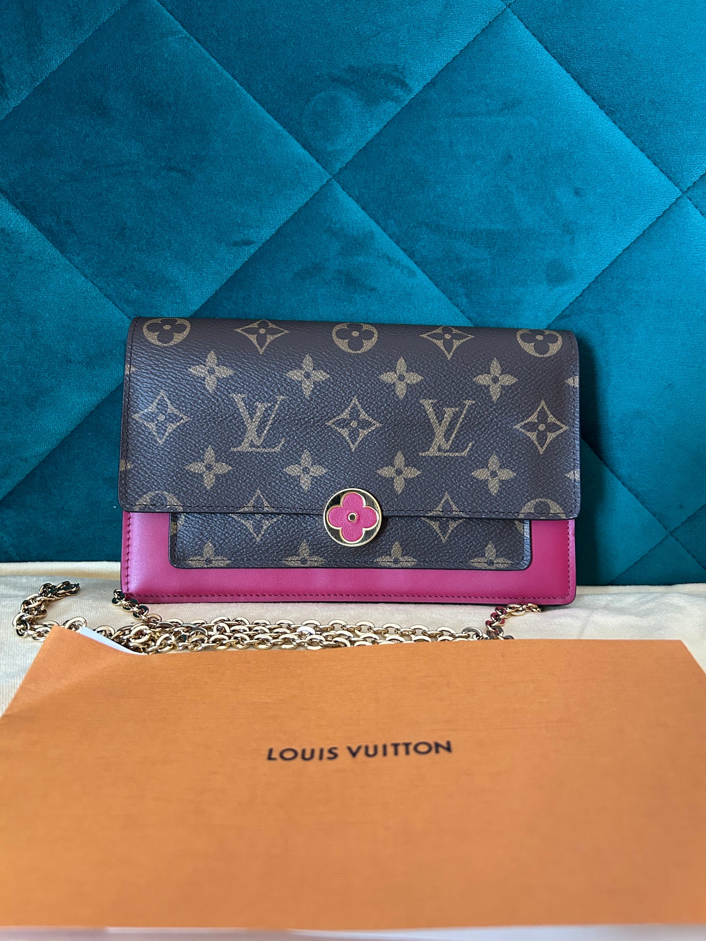 LOUIS VUITTON Flore Monogram Canvas Chain Wallet Fuchsia