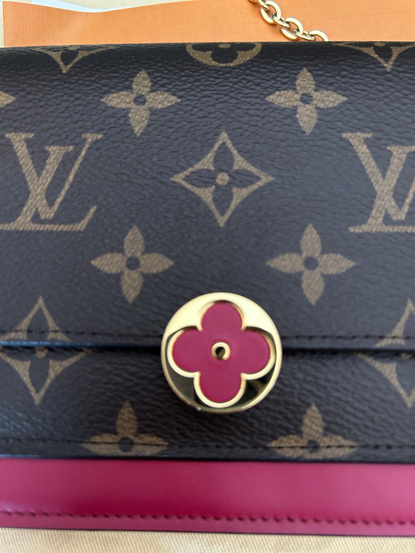 LOUIS VUITTON Flore Monogram Canvas Chain Wallet Fuchsia