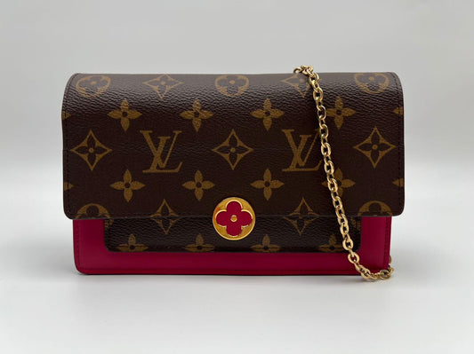 LOUIS VUITTON Flore Monogram Canvas Chain Wallet Fuchsia